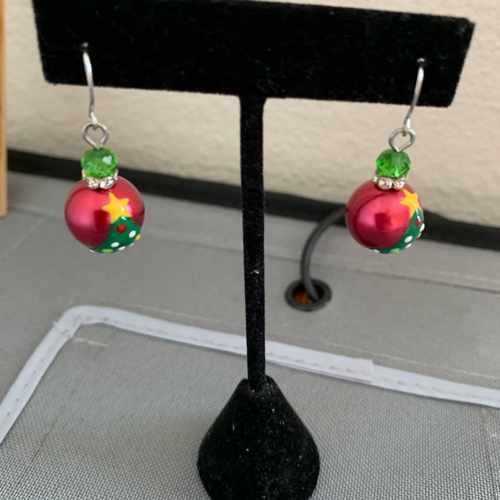 Christmas tree glass ball ornament earrings. Festive. Holiday